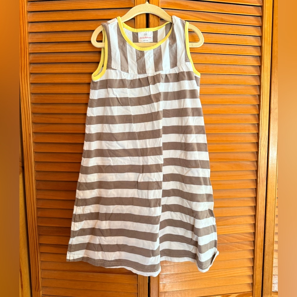 Hanna Anderson Gray and White Striped Sleeveless Dress with Yellow Trim